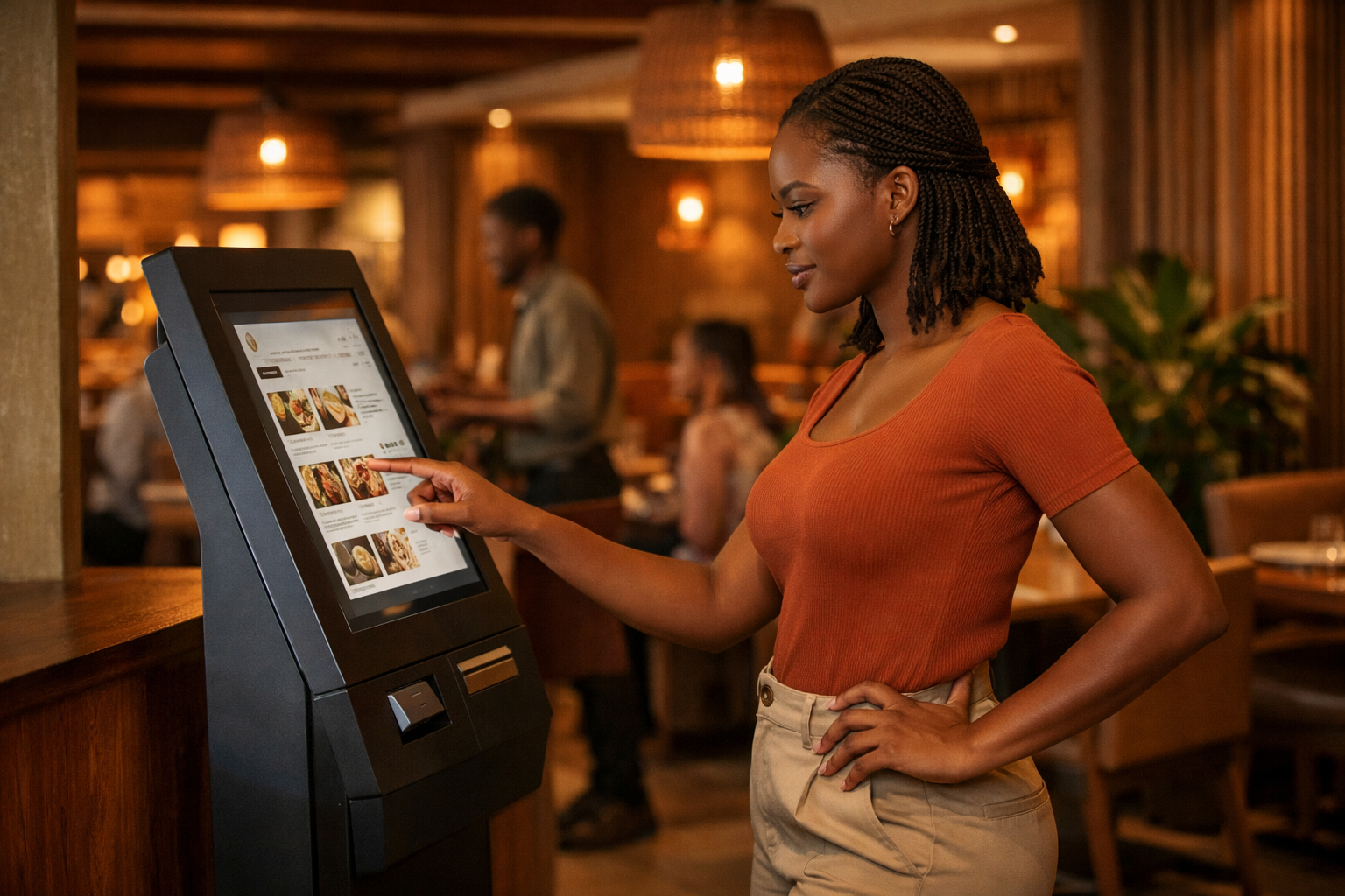 Customer using self-service kiosk