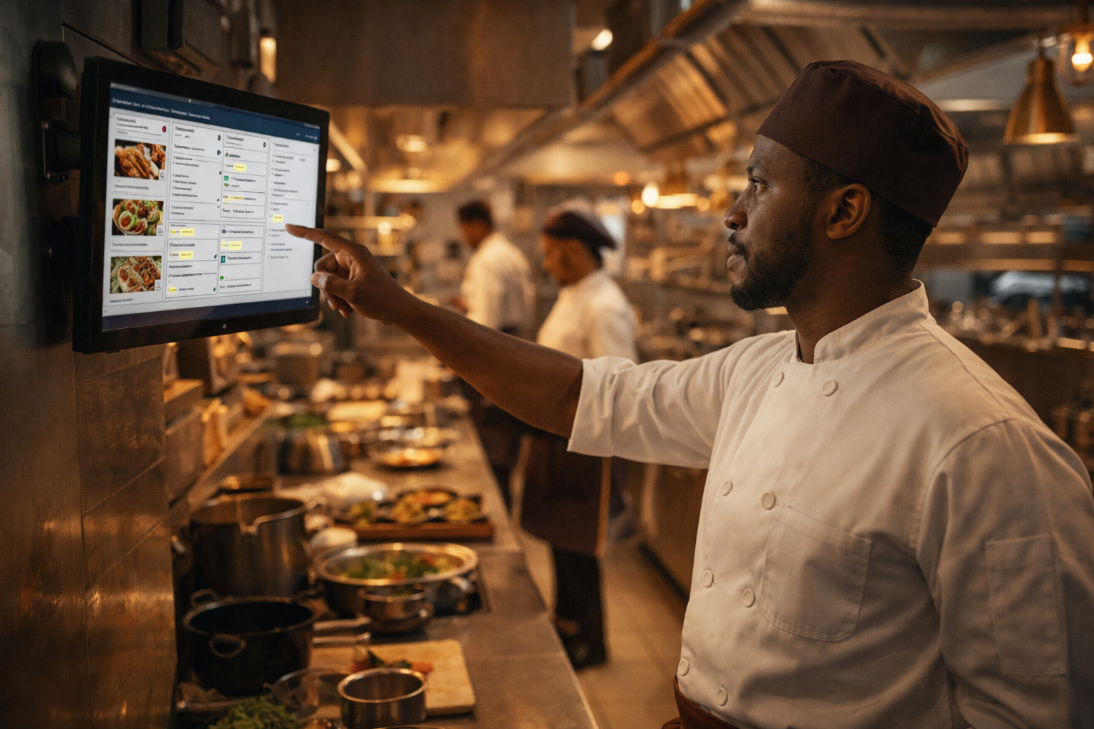 Chef in kitchen with display screen